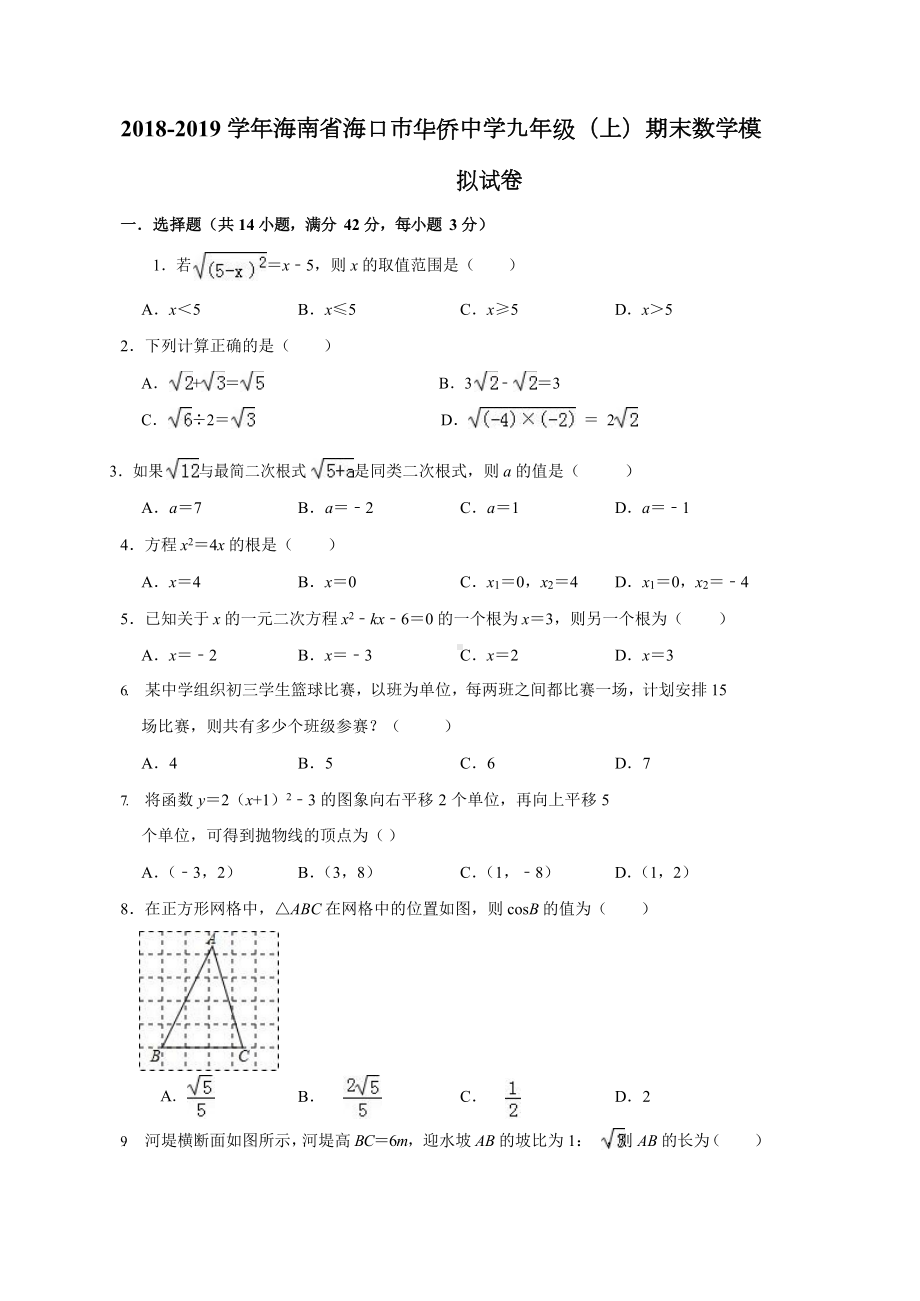 海南某中学2019届九年级上学期期末数学模拟试题(DOC 19页).doc_第1页