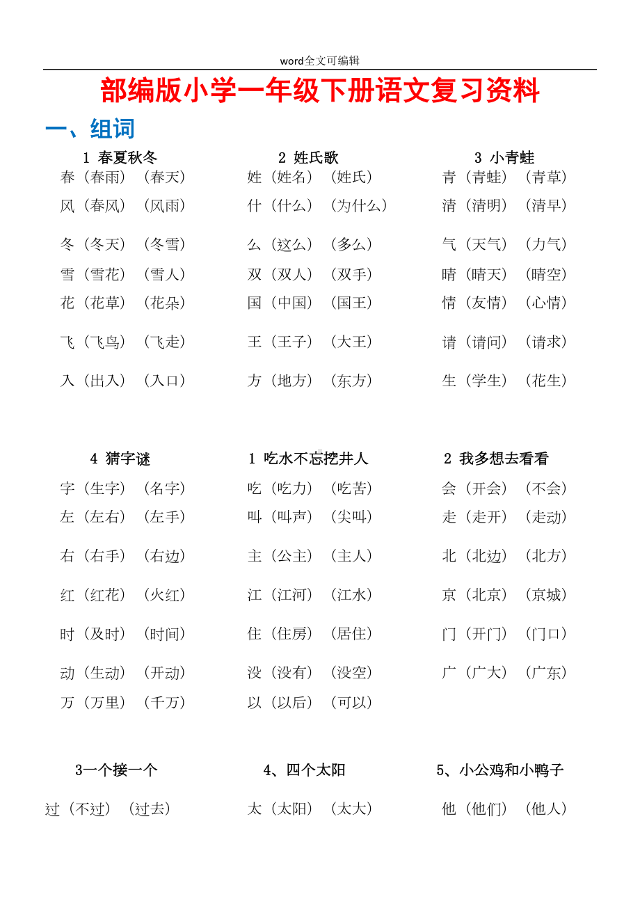 部编教材小学一年级下册语文复习资料(DOC 7页).doc_第1页