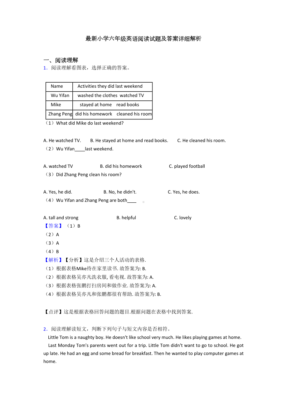 最新小学六年级英语阅读试题及答案详细解析(DOC 24页).doc_第1页