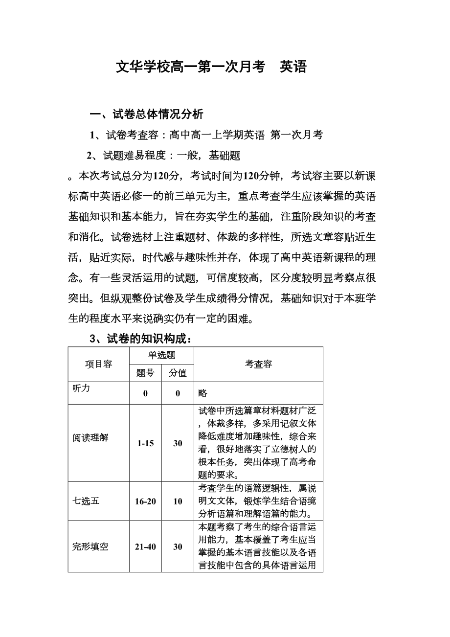 高中高一英语第一次月考试卷分析报告(DOC 5页).doc_第1页