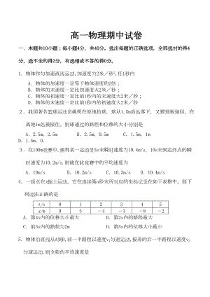 高一物理期中试卷(DOC 6页).doc