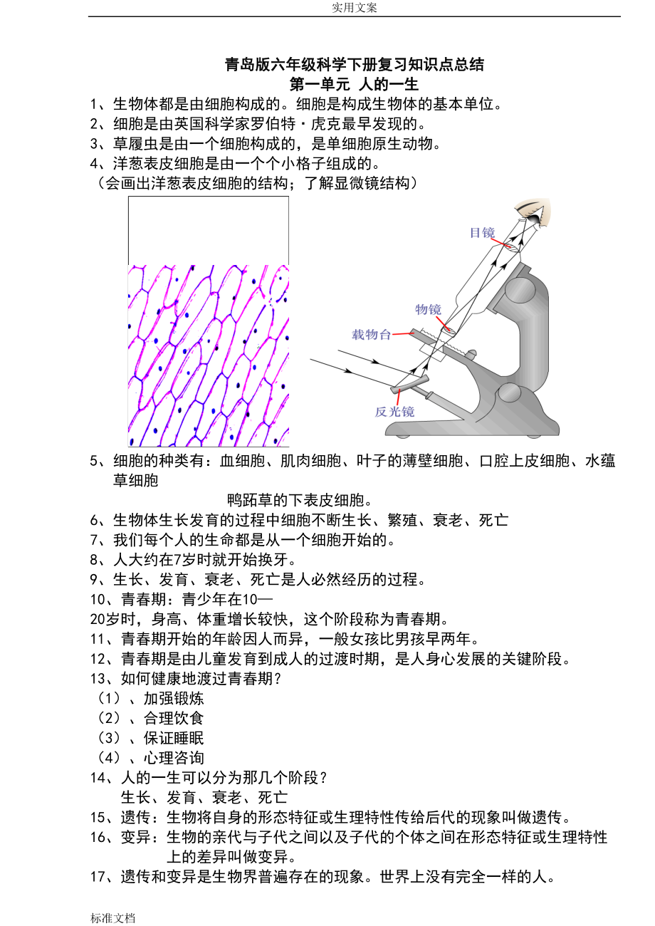 青岛版六年级下册科学(全册)知识点总结材料及试题(DOC 16页).doc_第1页