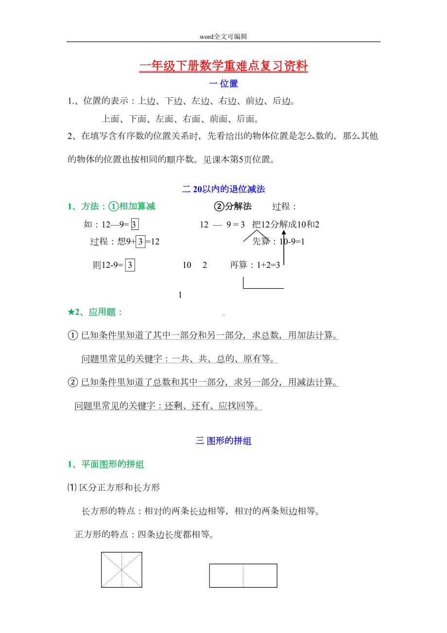 部编一年级下册数学重难点知识归纳复习各单元总结(DOC 5页).doc_第1页