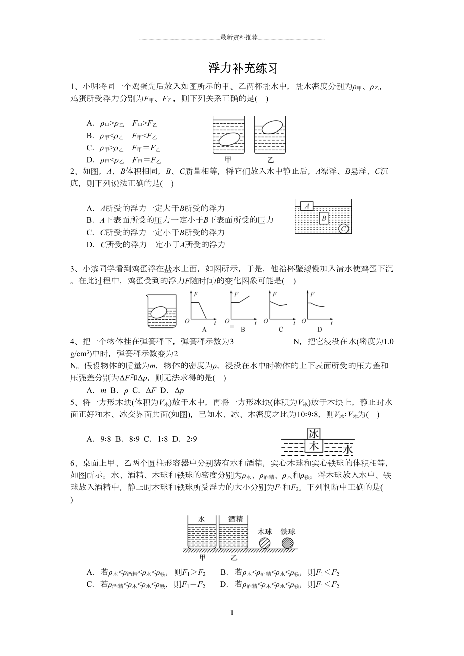 浮力经典练习题-较难精编版(DOC 4页).docx_第1页