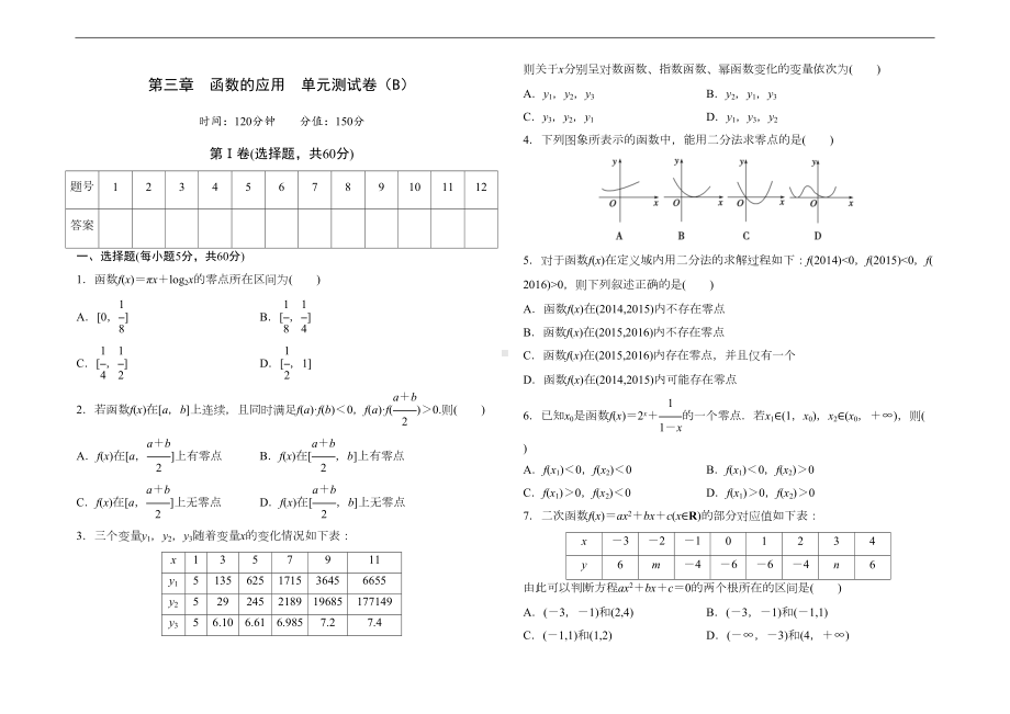 高中数学人教版必修1-第三章-函数的应用-单元测试卷(B(DOC 8页).doc_第1页