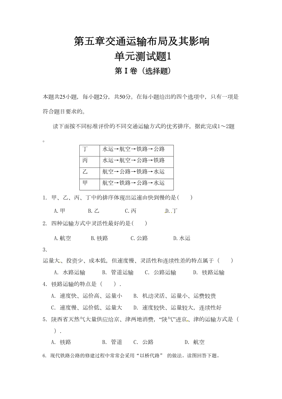 第五章交通运输布局及其影响单元测试题1(DOC 11页).doc_第1页