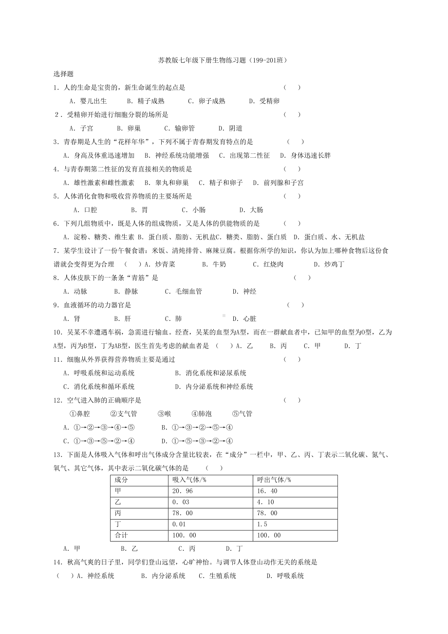 苏教版七年级下册生物练习题(DOC 8页).doc_第1页