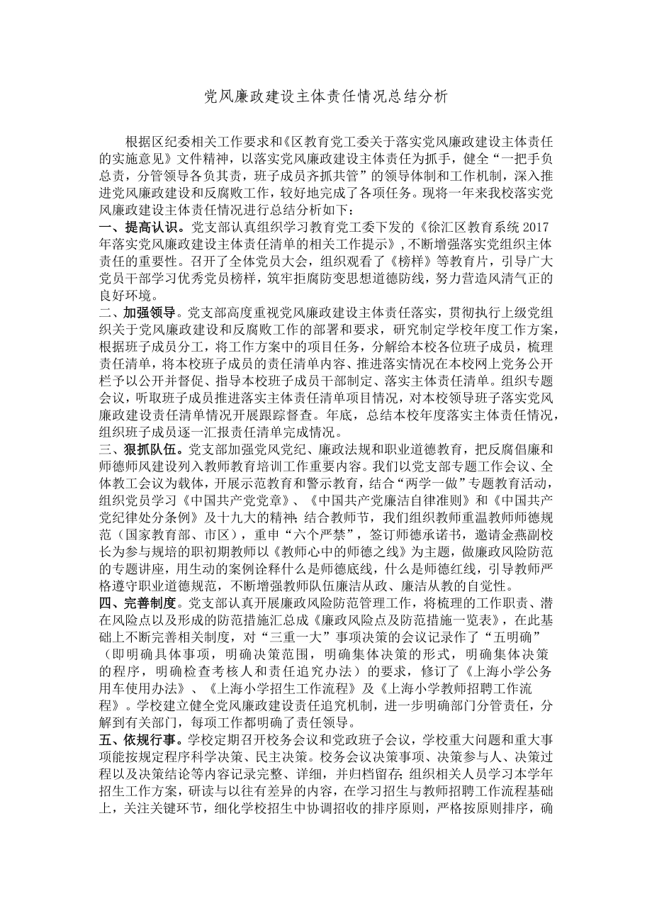 学校党风廉政建设主体责任情况总结分析.docx_第1页