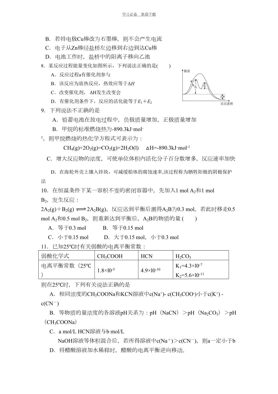 高二第一学期期中考试化学试卷(DOC 7页).doc_第2页