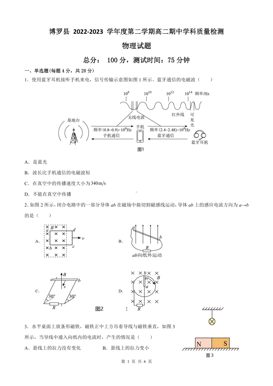 广东省惠州市博罗县2022-2023学年高二下学期期中学科质量检测物理试题 - 副本.pdf_第1页