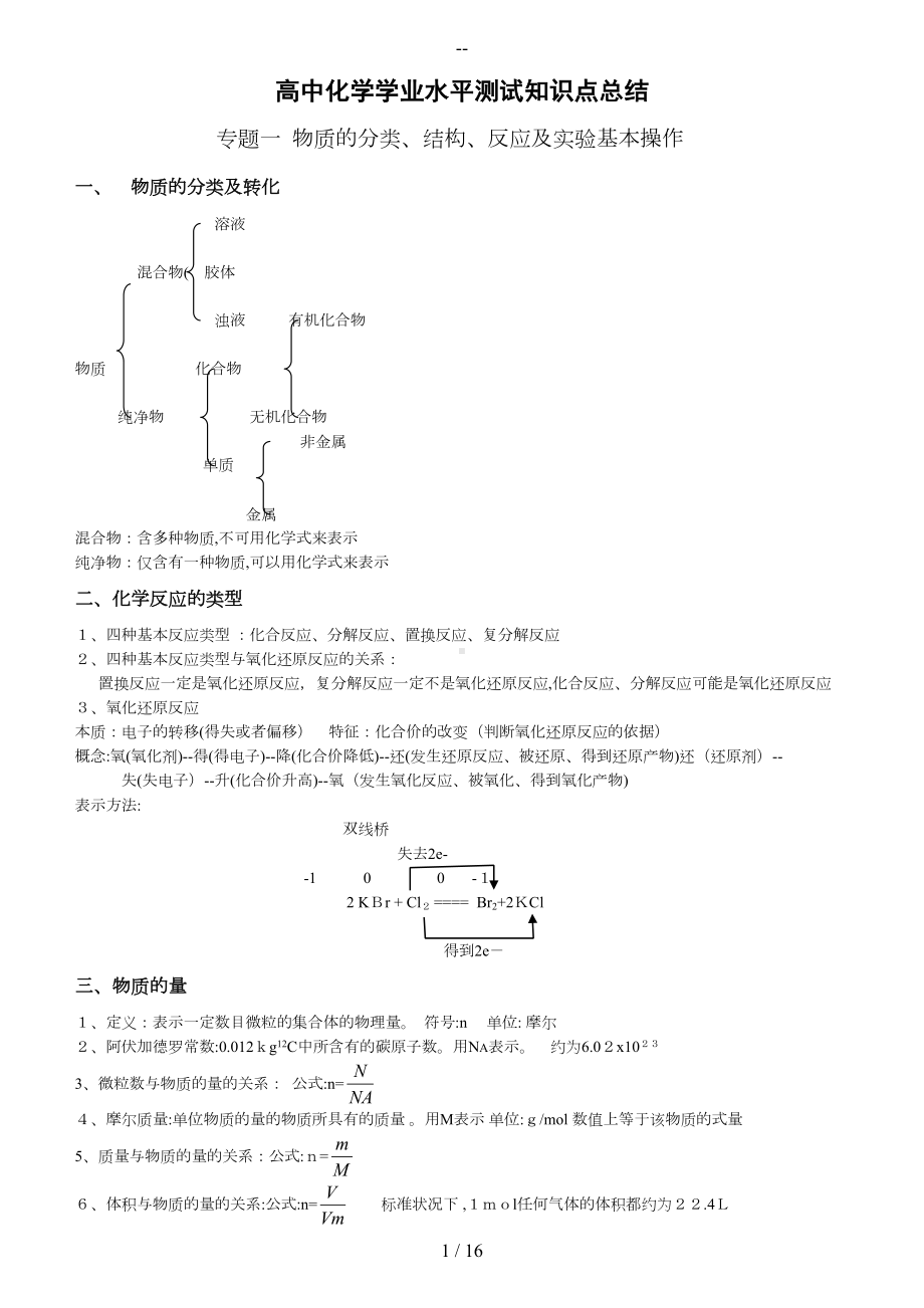 高中化学学业水平测试知识点总结(完整版)(DOC 15页).doc_第1页