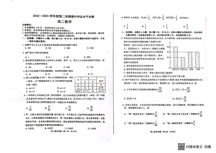 山东省烟台市2022-2023学年高二下学期期中学业水平诊断数学试题 - 副本.pdf_第1页