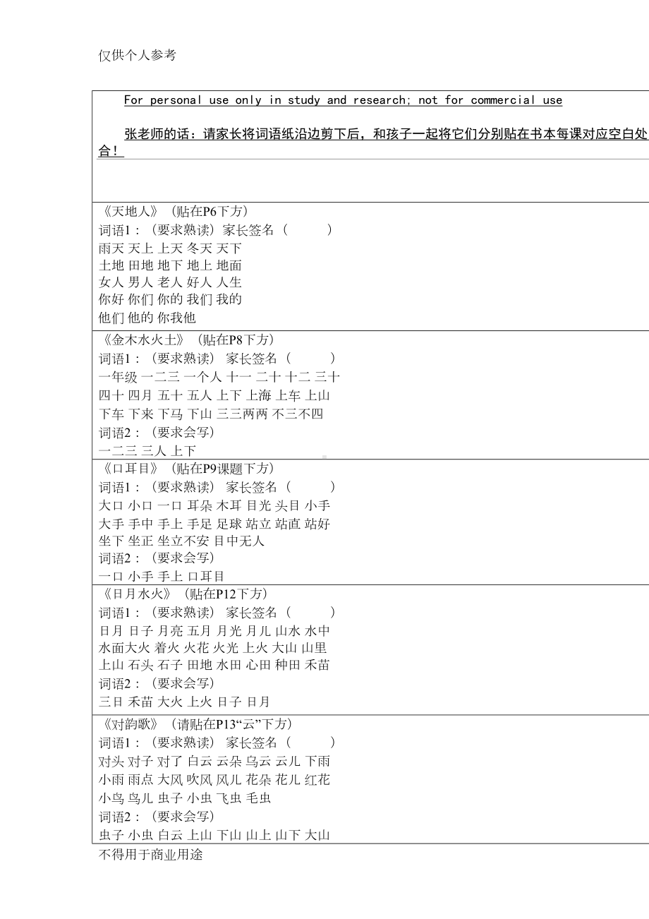 部编版一年级上册认读词语和听写词语(全册)词语纸(DOC 5页).doc_第1页