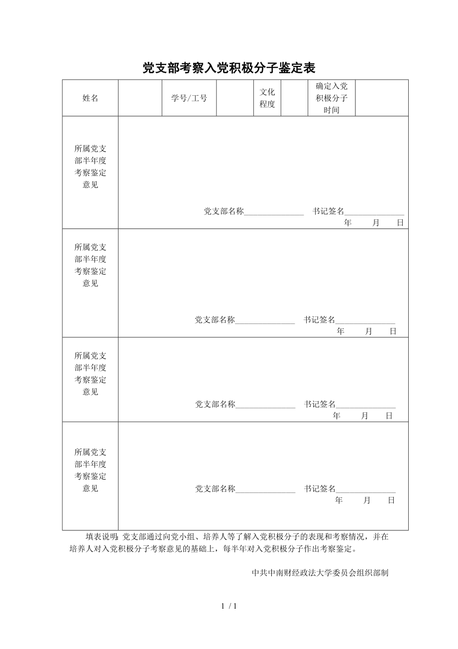 党支部考察入党积极分子鉴定表参考模板范本.doc_第1页