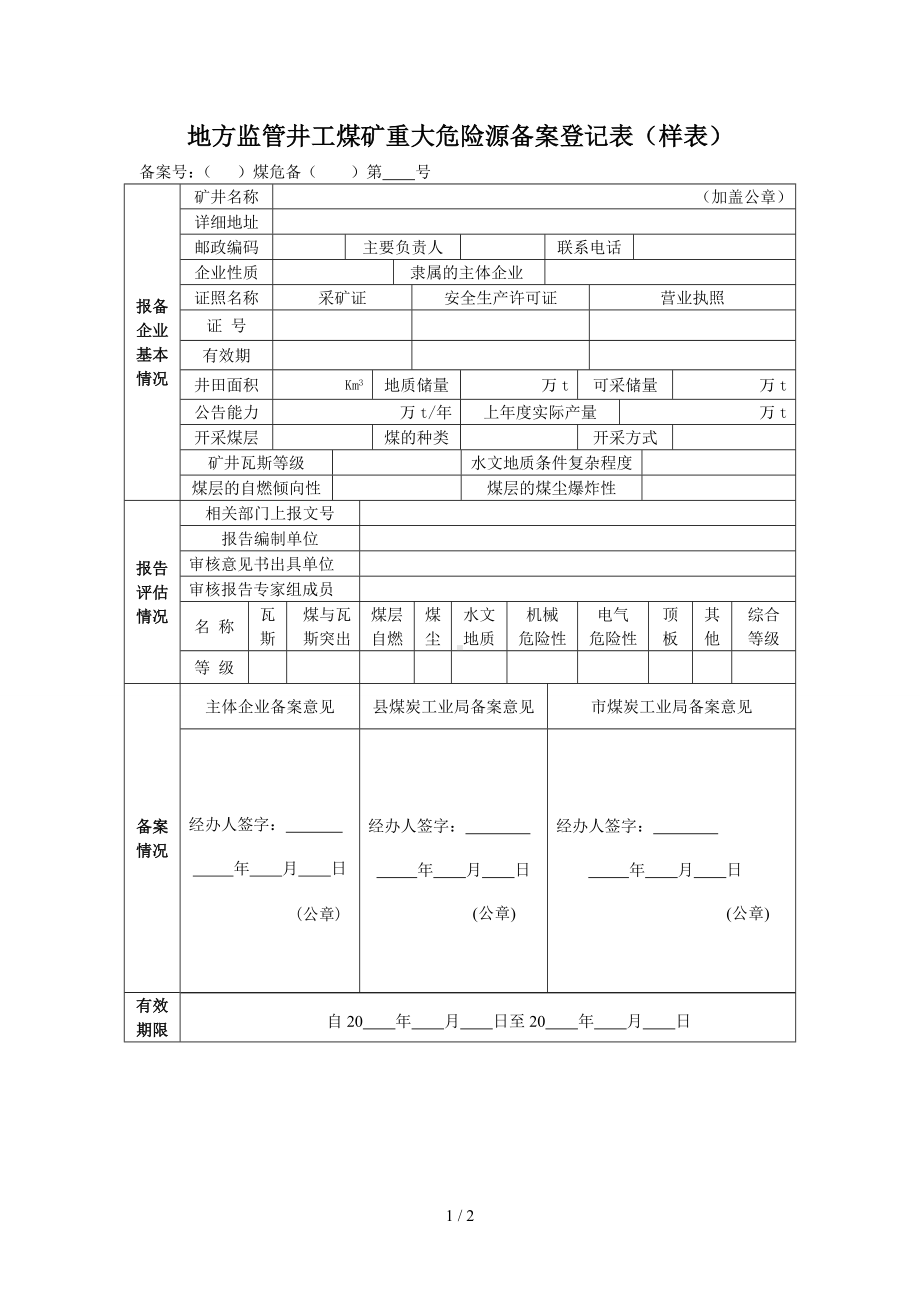 地方监管井工煤矿重大危险源备案登记表参考模板范本.doc_第1页