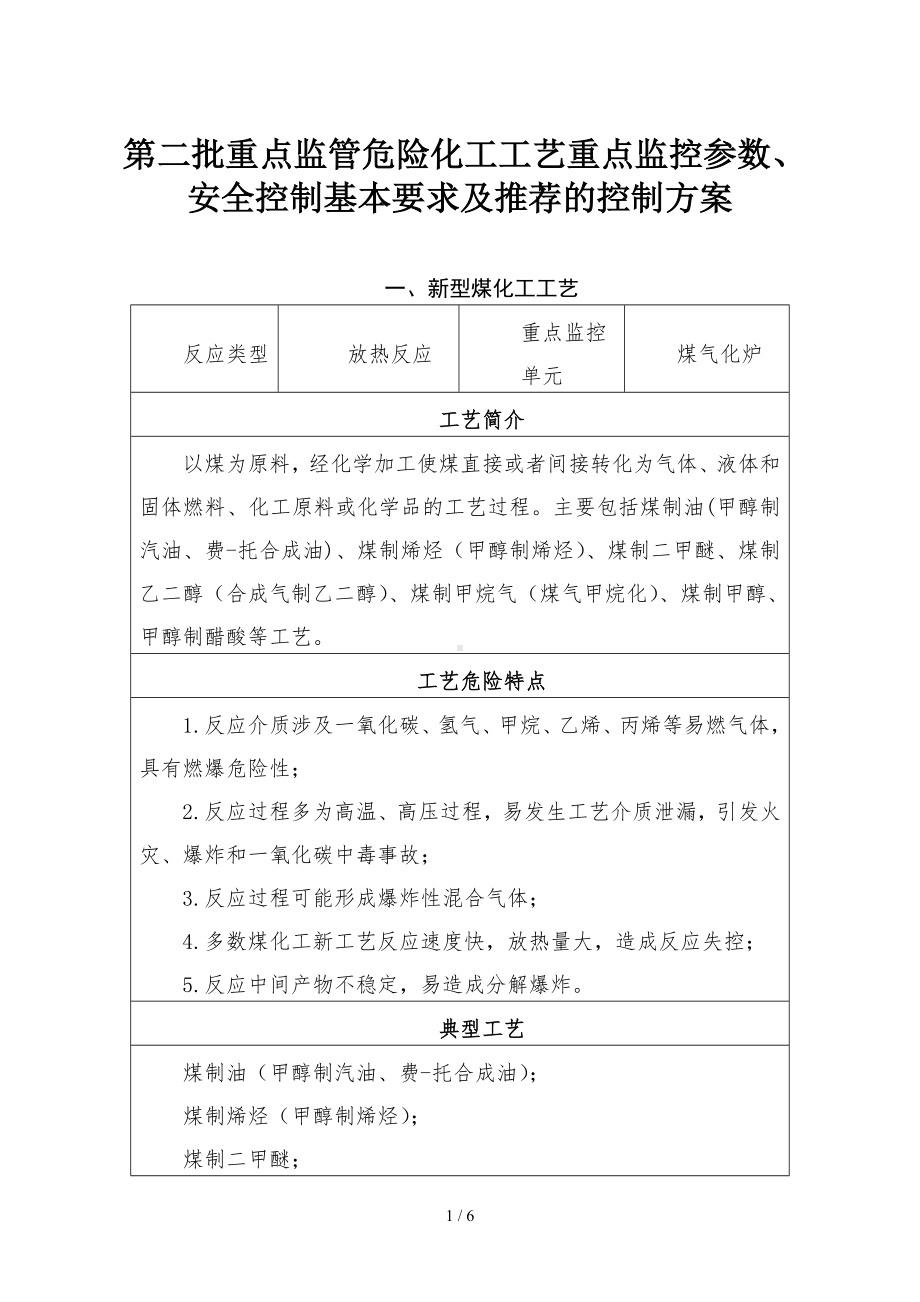 第二批重点监管危险化工工艺重点监控参数、安全控制基本要求及推荐的控制方案参考模板范本.doc_第1页