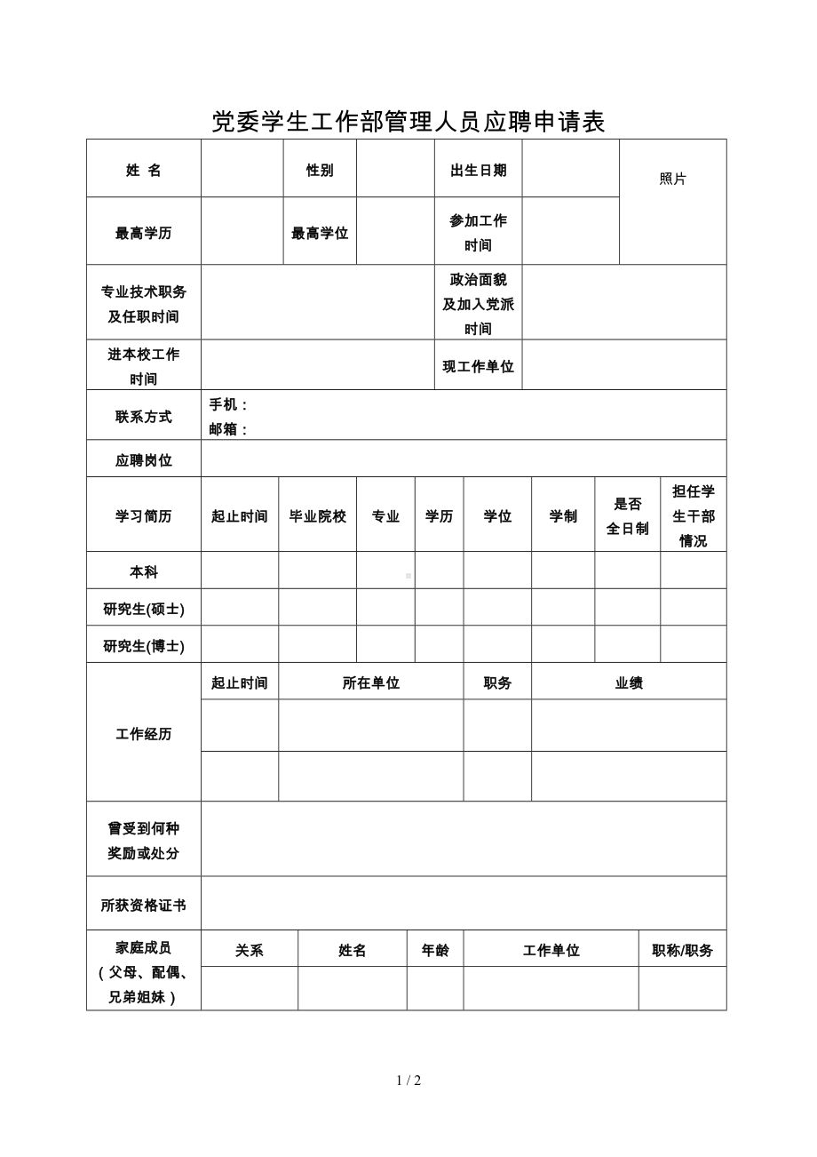 党委学生工作部管理人员应聘申请表参考模板范本.doc_第1页