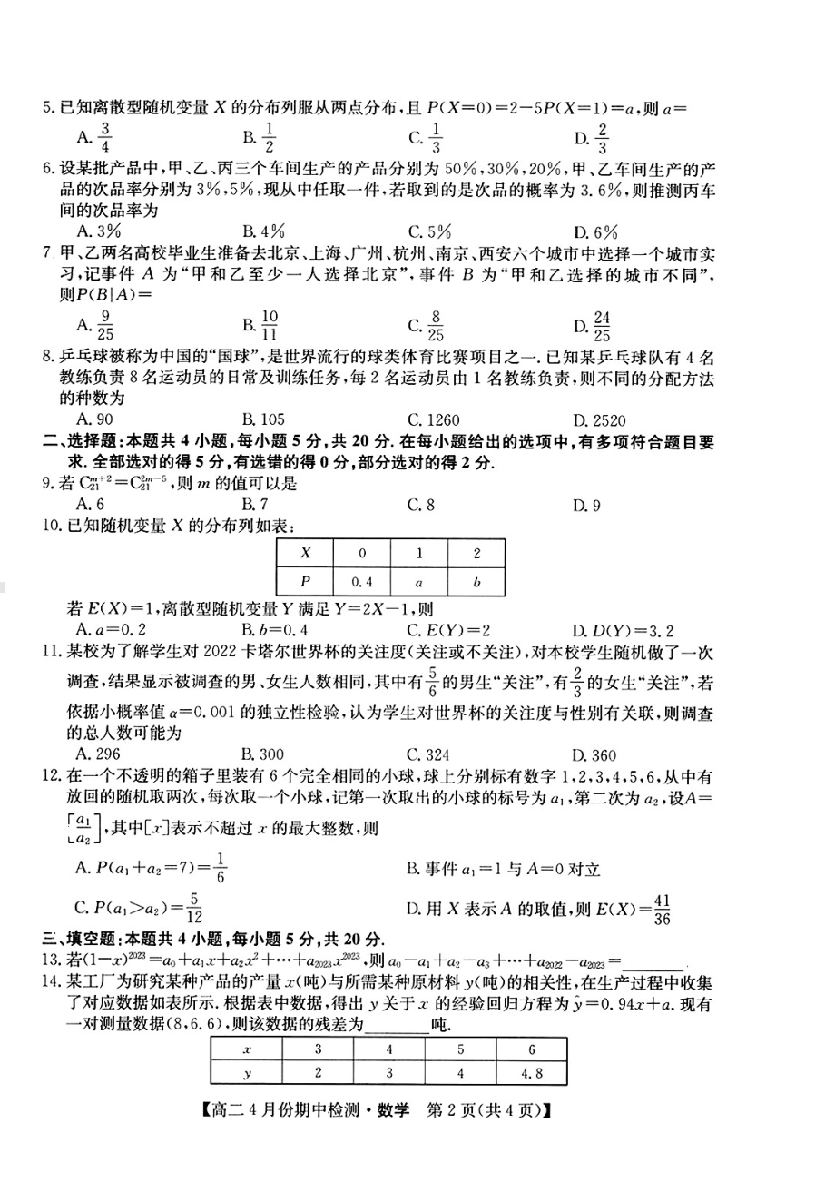 山西省运城市2022-2023高二下学期4月期中检测数学试卷+答案.pdf_第2页