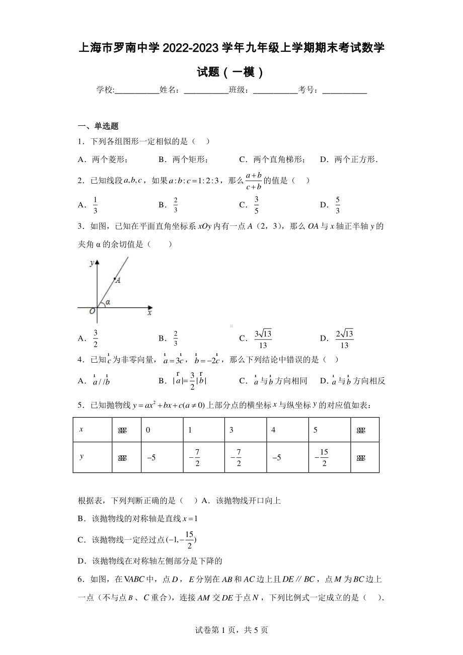 上海市罗南中学2022-2023学年九年级上学期期末考试数学试题(一模).pdf_第1页