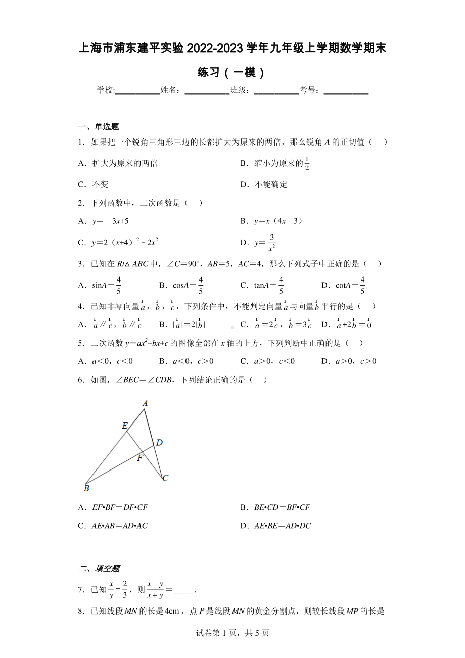 上海市浦东建平实验2022-2023学年九年级上学期数学期末练习(一模).pdf_第1页