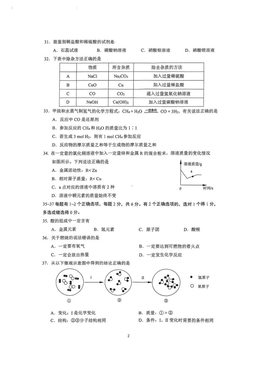 上海市杨浦区2023届中考二模化学试卷+答案.pdf_第2页