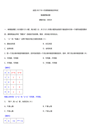 全国2017年4月自考00024普通逻辑试题及答案.doc