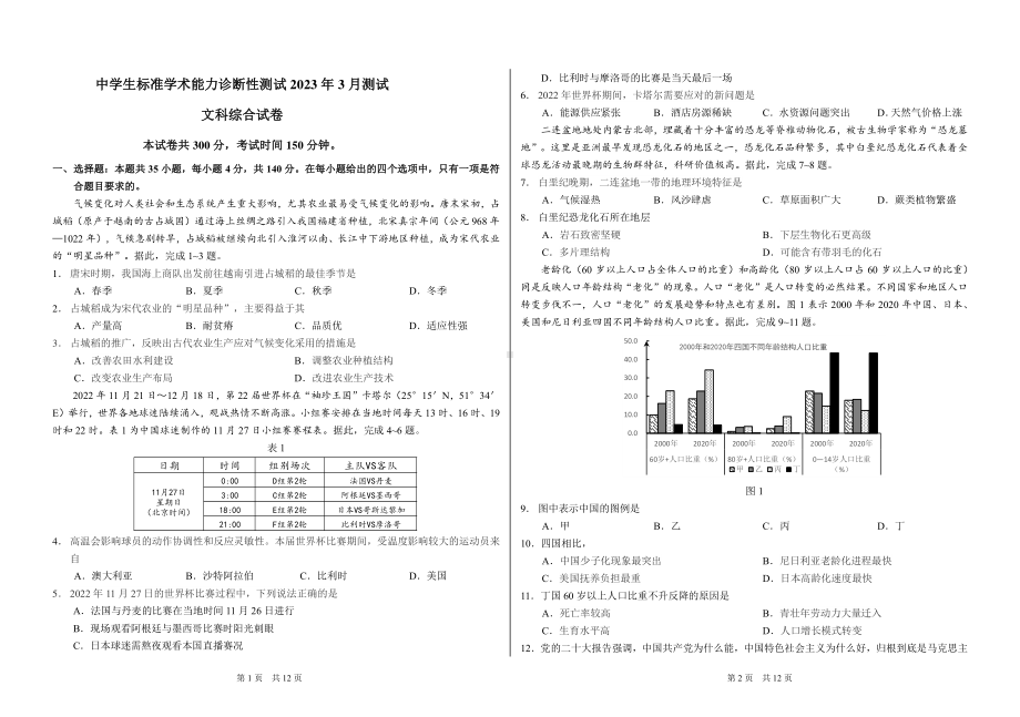 THUSSAT中学生标准学术能力2023年3月诊断性测试文科综合试卷+答案.pdf_第1页