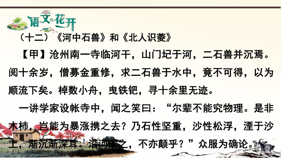 语文现代文阅读7年级文言文比较阅读 第十二篇《河中石兽》和《北人识菱》.pptx_第1页