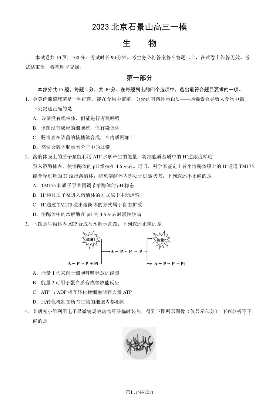 北京市石景山区2023届高三下学期一模生物试卷+答案.pdf_第1页