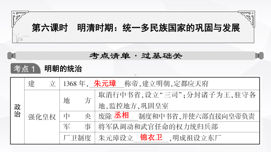 2023年山东省中考历史一轮教材复习 第六课时 明清时期：统一多民族国家的巩固与发展ppt课件.pptx_第1页