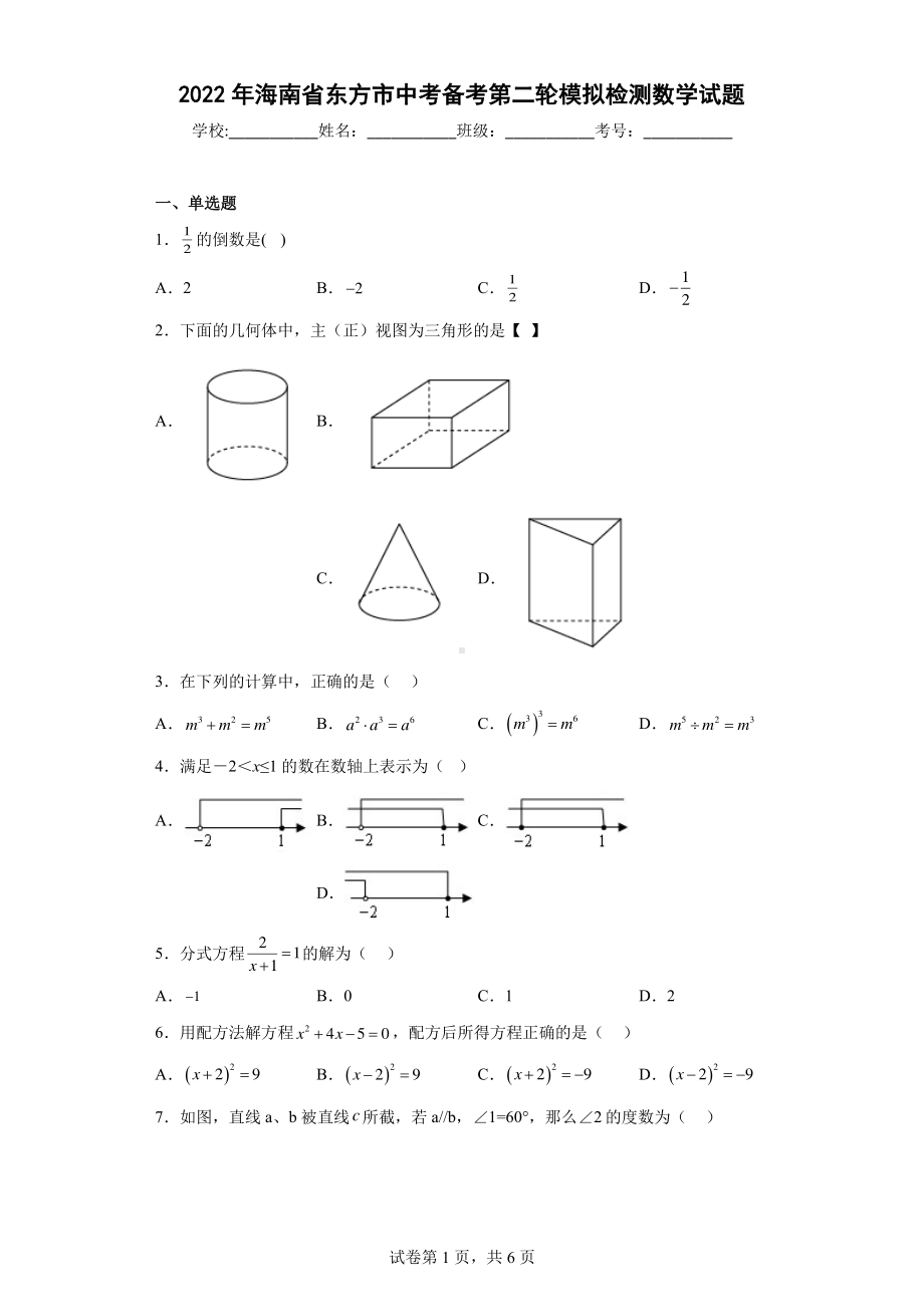 2022年海南省东方市中考备考第二轮模拟检测数学试题.pdf_第1页