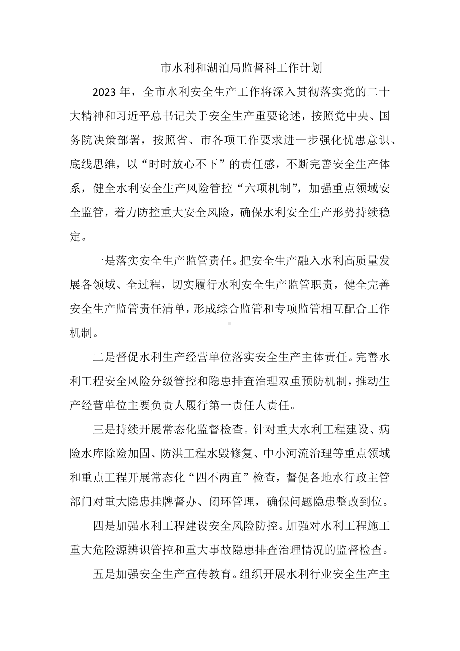 市水利和湖泊局监督科工作计划.docx_第1页