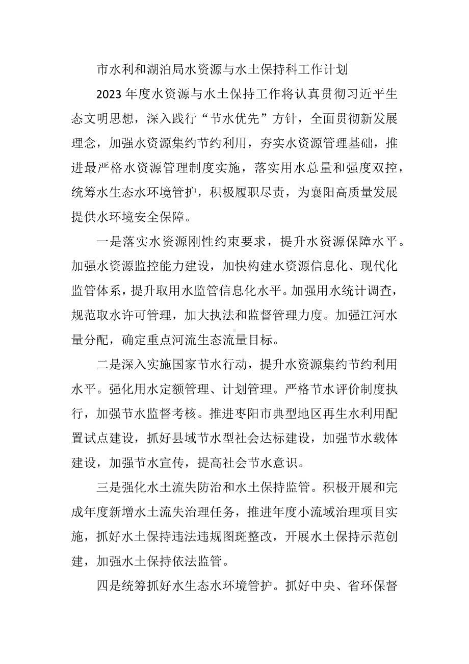 市水利和湖泊局水资源与水土保持科工作计划.docx_第1页