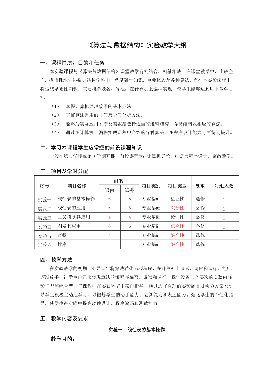 《算法与数据结构》实验教学大纲参考模板范本.doc_第1页