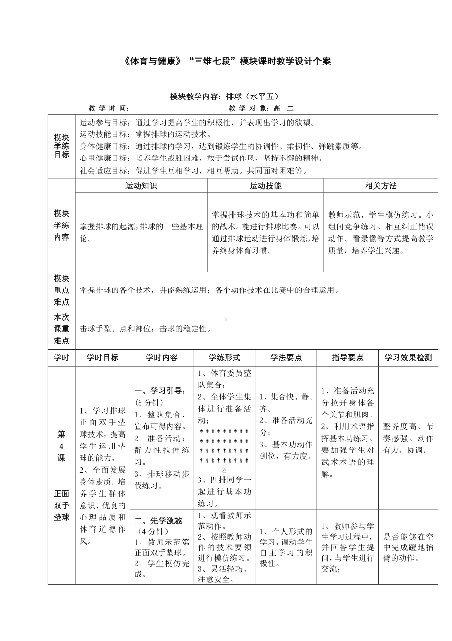 《体育与健康》三维七段模块课时教学设计个案-排球参考模板范本.doc_第1页