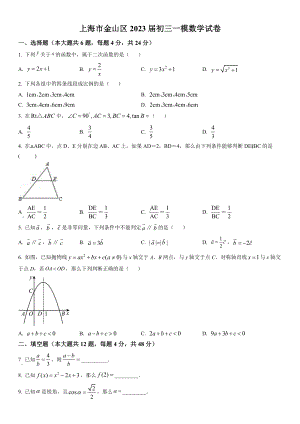 上海市金山区2023届初三中考一模数学试卷+答案.docx