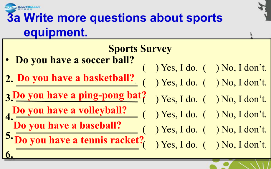 七年级英语上册Unit5Doyouhaveasoccerball？SectionB（3a—SelfCheck）.ppt_第2页