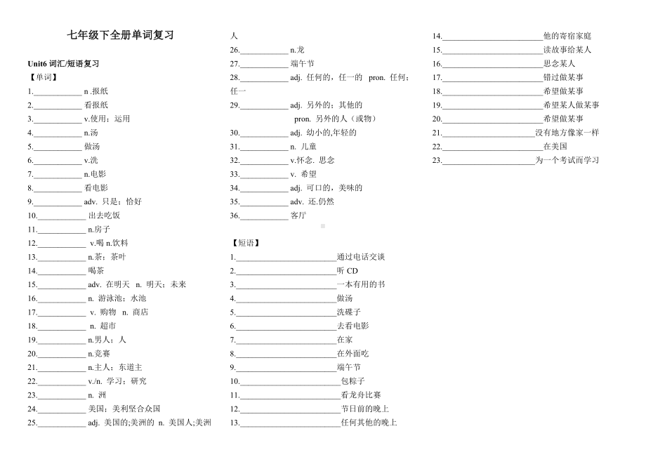 -人教新目标版七年级下册《英语》Unit6单词和重点短语默写复习.docx_第1页