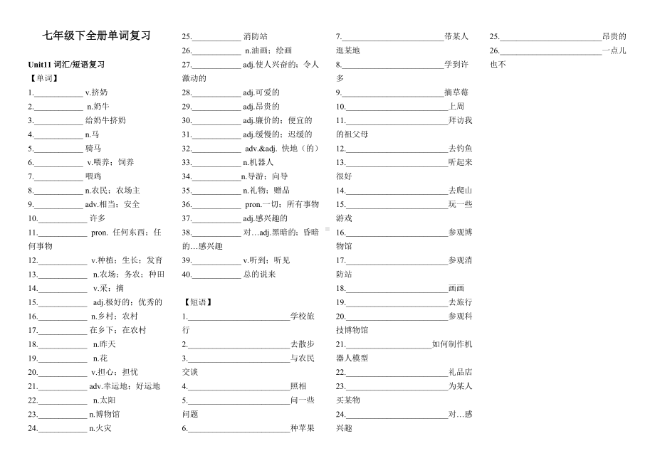 -人教新目标版七年级下册《英语》Unit11单词和重点短语默写复习.docx_第1页