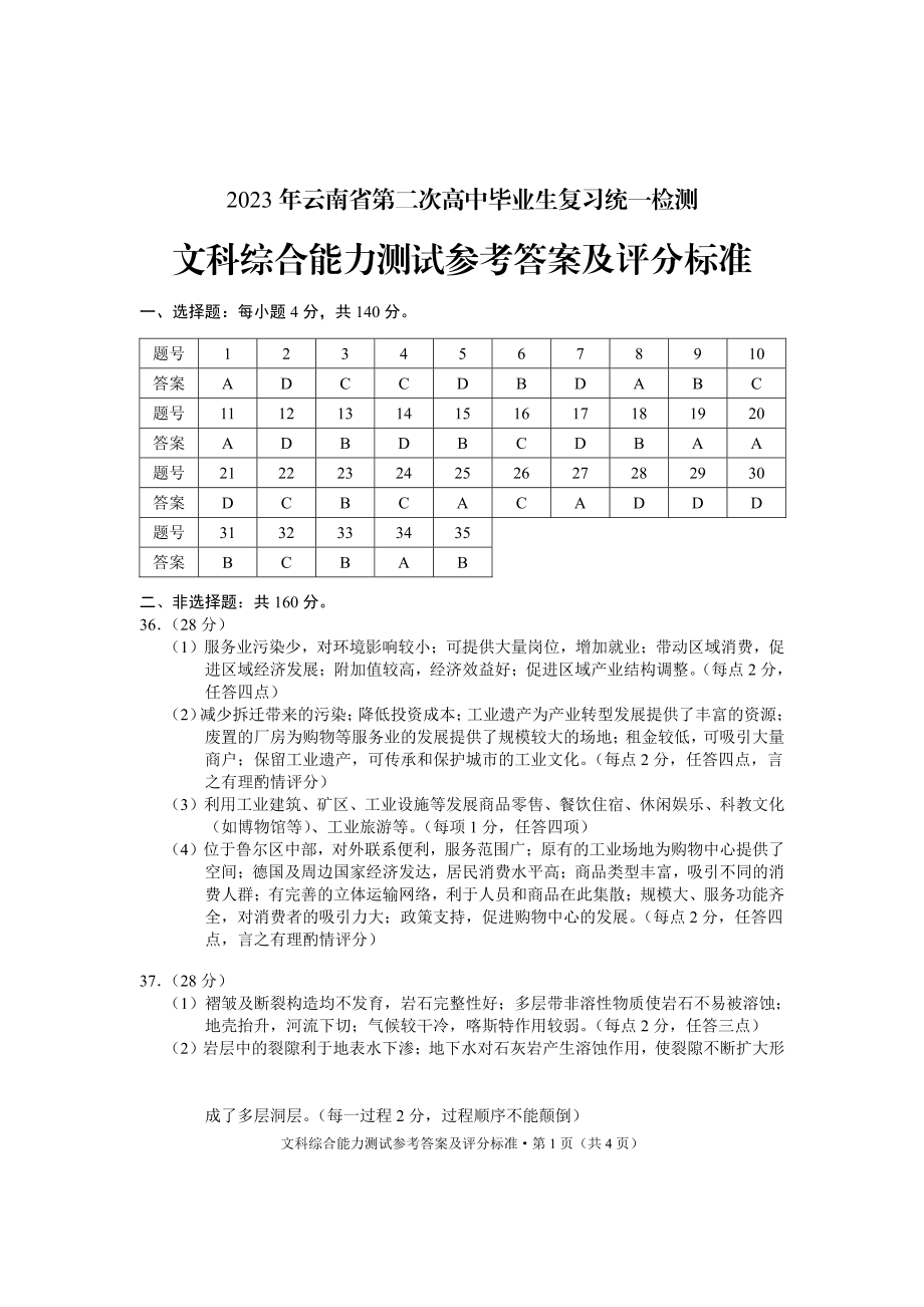 2023年云南省第二次高中毕业生统一检测文综答案.pdf_第1页