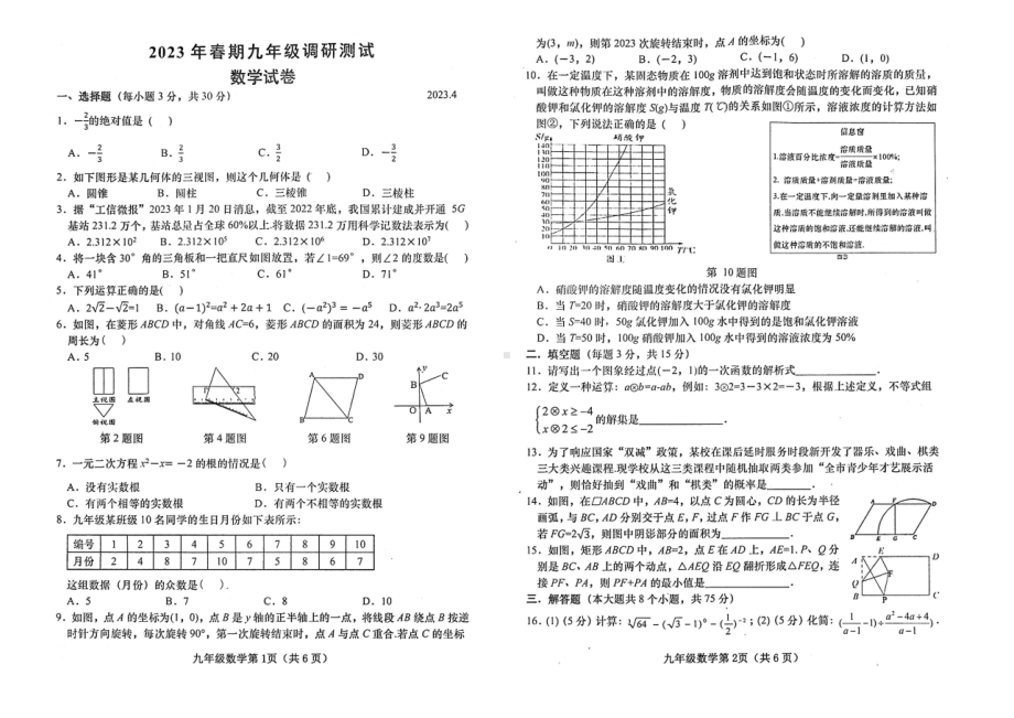 2023年河南省南阳市镇平县一模数学试题 - 副本.pdf_第1页