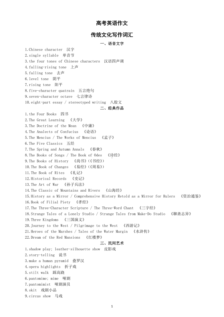 高中英语高考作文传统文化词汇表达积累（共六类）.doc_第1页