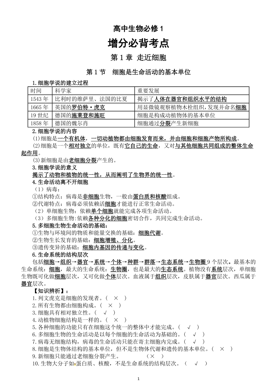 高中生物人教版新教材必修一增分必背考点（第1-2章）.doc_第1页