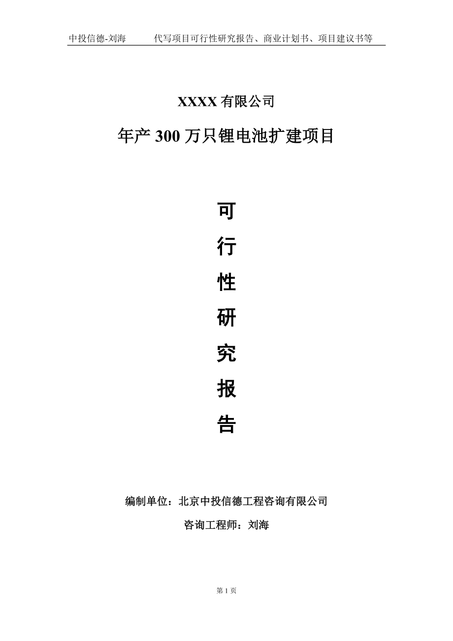 年产300万只锂电池扩建项目可行性研究报告写作模板-立项备案.doc_第1页