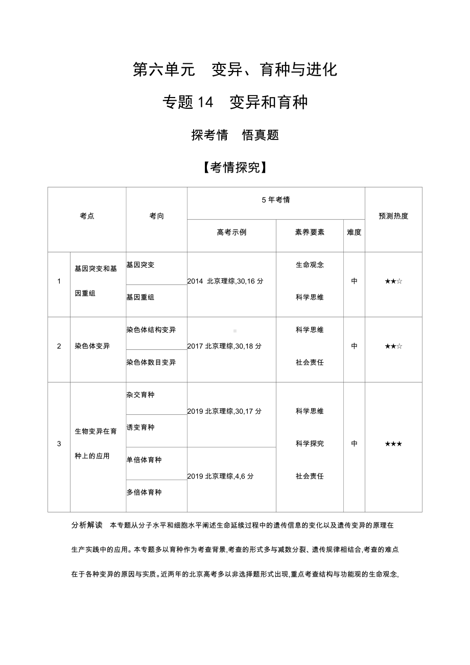 2021高考生物培优北京生物高考复习-专题14-变异和育种(试题部分).docx_第1页