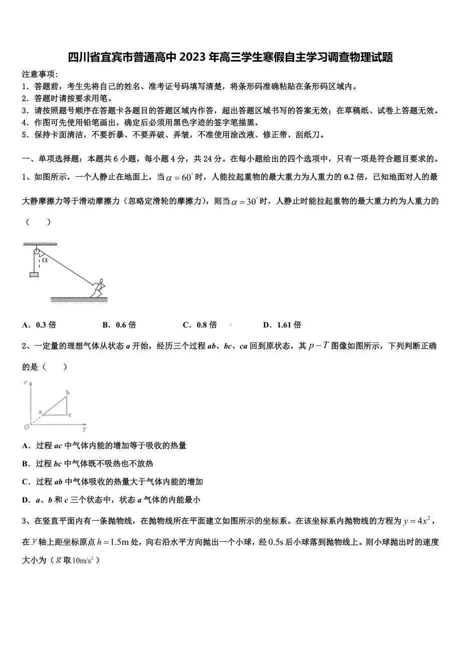 四川省宜宾市普通高中2023年高三学生寒假自主学习调查物理试题.doc_第1页