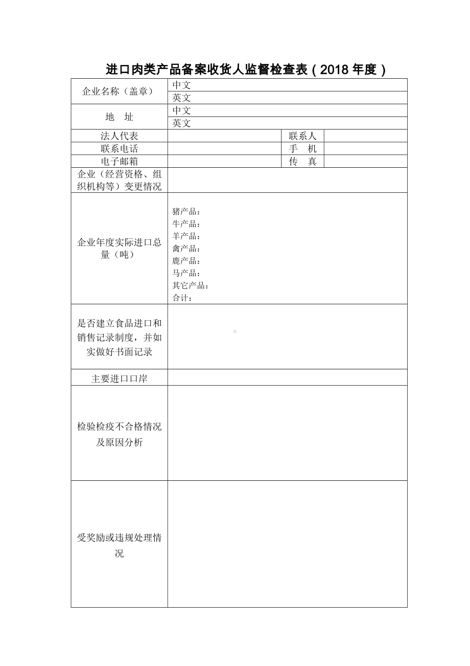 进口肉类产品备案收货人监督检查表（2018年度）参考模板范本.doc_第1页