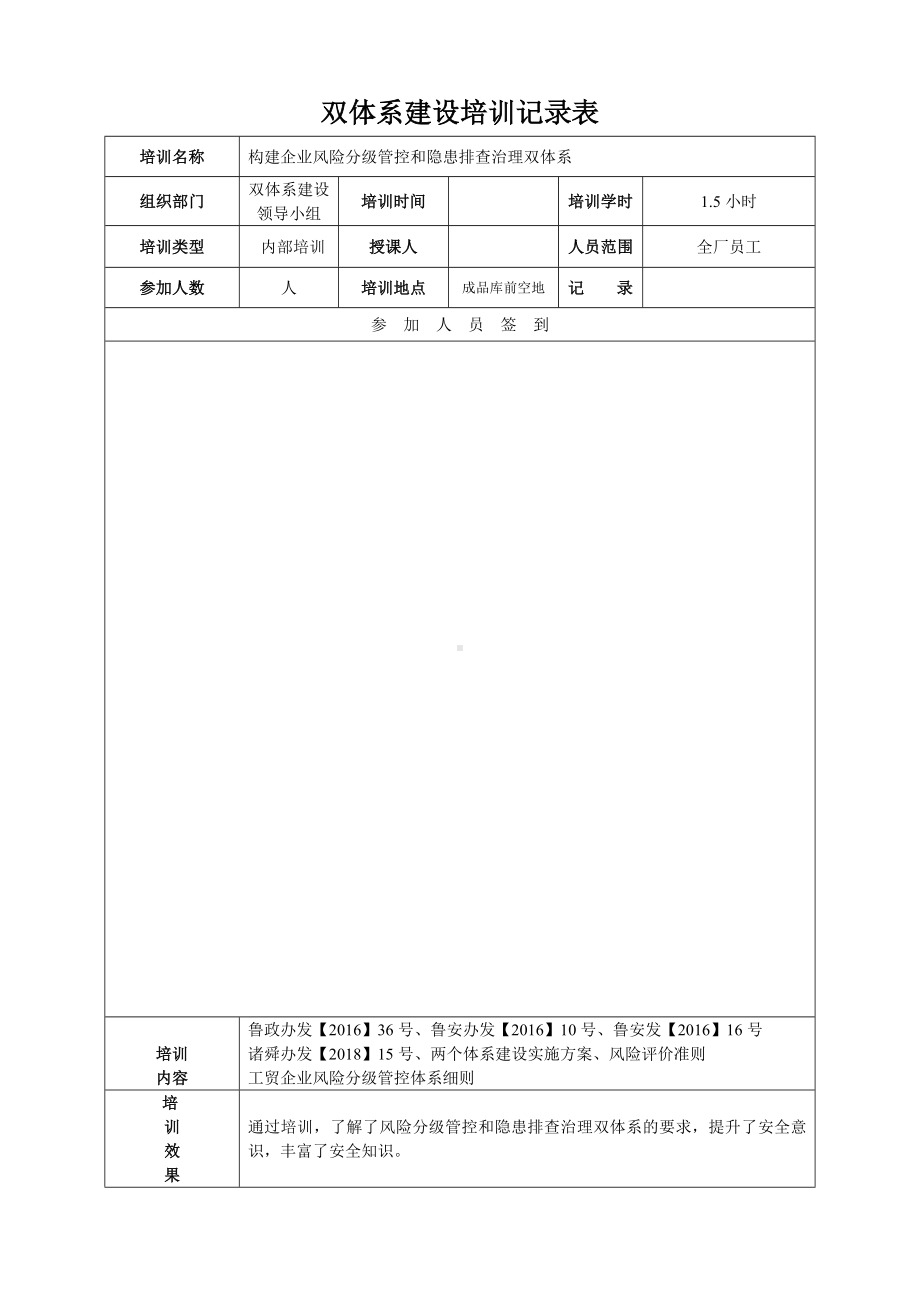 木业建材家具企业安全双体系建设培训记录表参考模板范本.doc_第1页