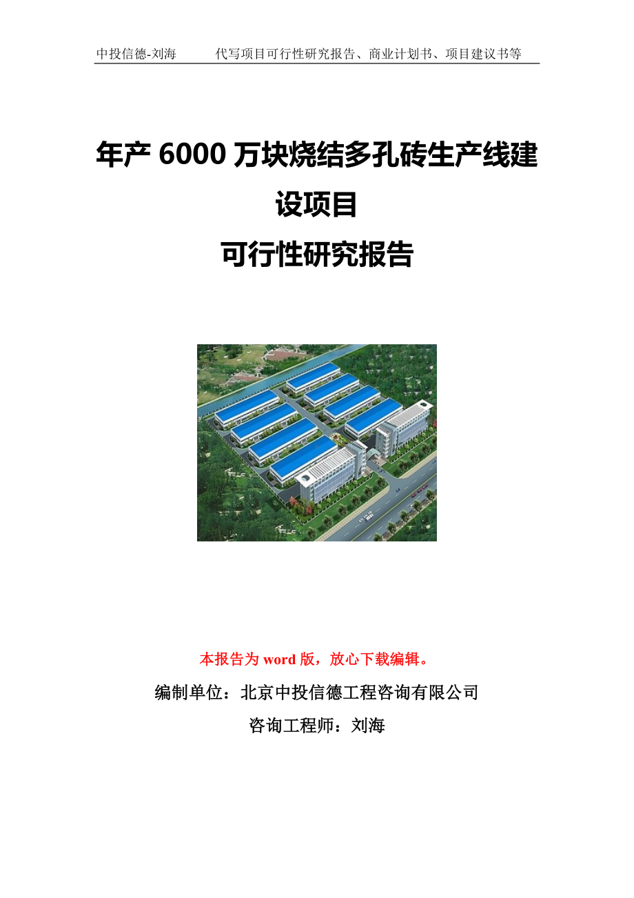 年产6000万块烧结多孔砖生产线建设项目可行性研究报告写作模板立项备案文件.doc_第1页