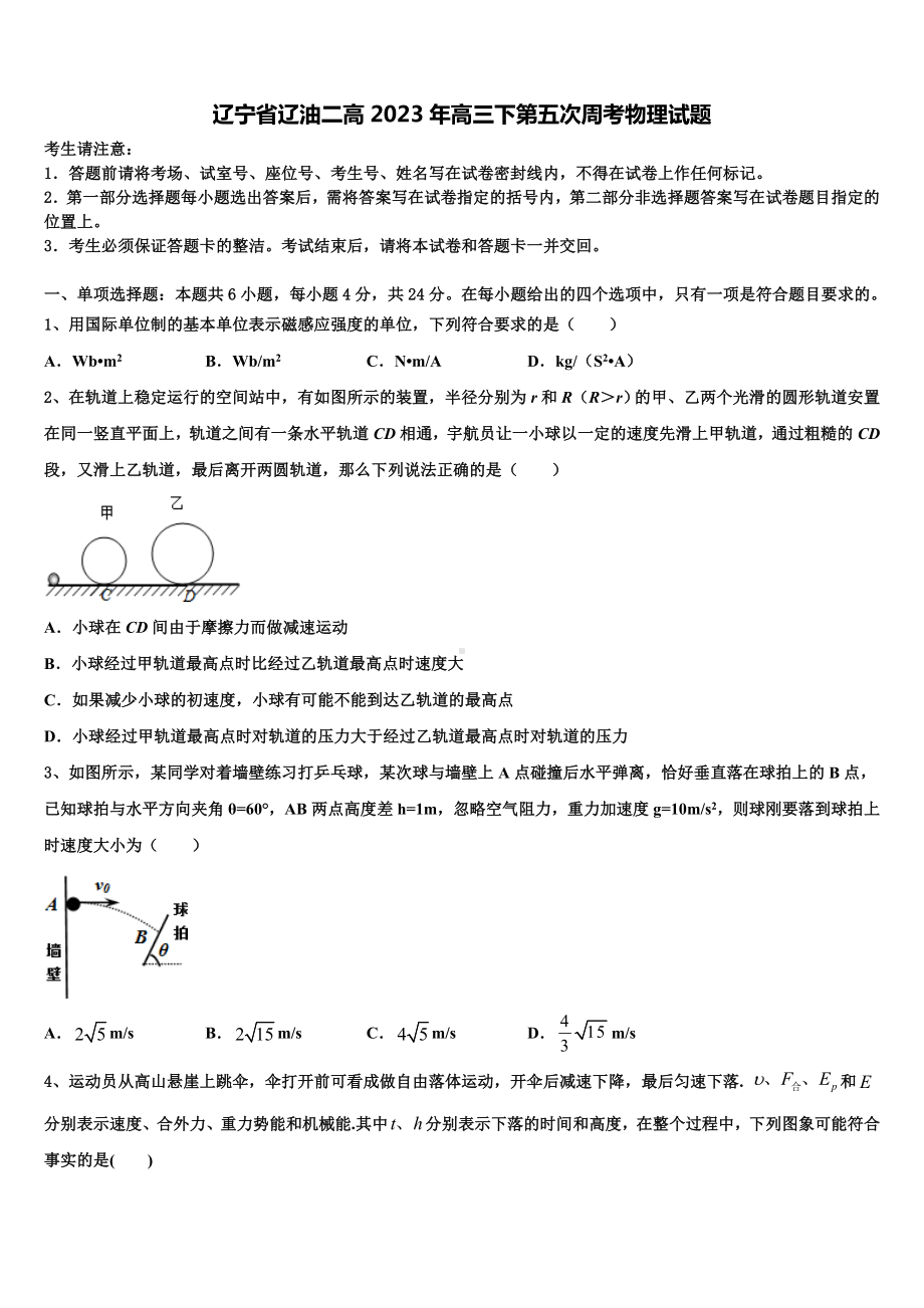 辽宁省辽油二高2023年高三下第五次周考物理试题.doc_第1页